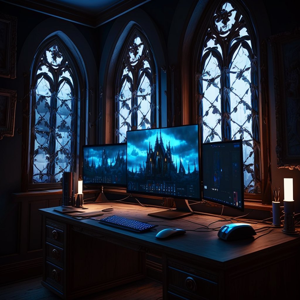 DreamVaultAI's tweet image. Gothic Desk Setups

I’m choosing #2. 

#midjourney #gaming #pcsetups #GamingSetup