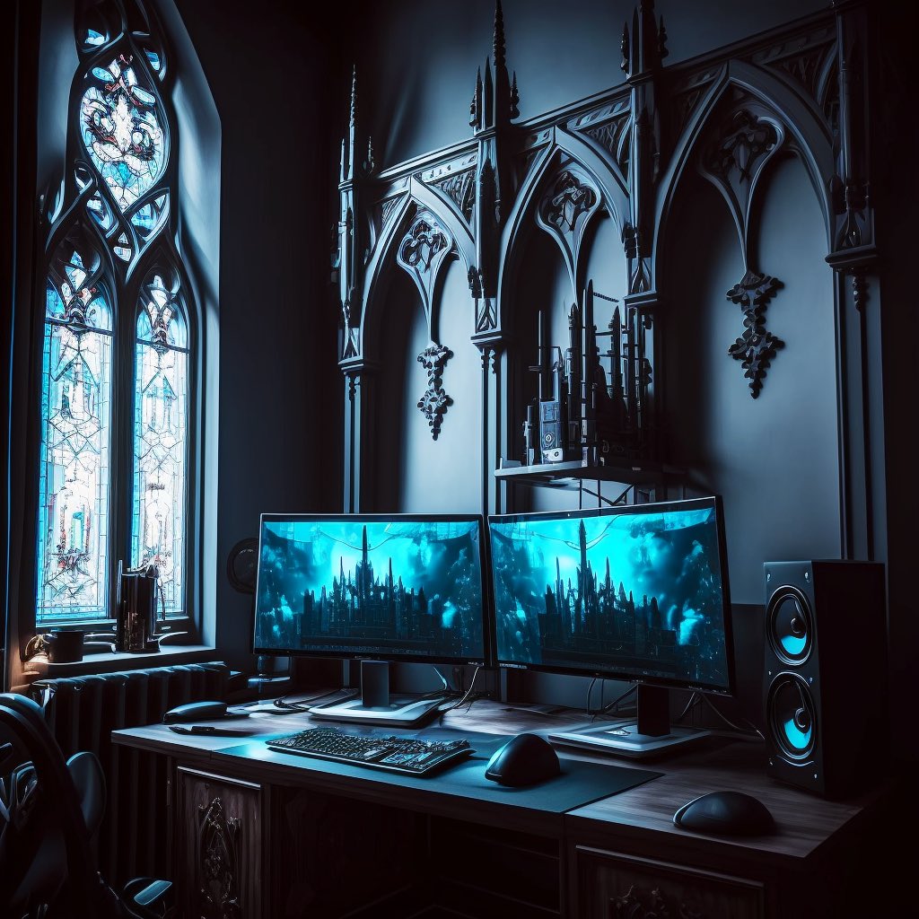 DreamVaultAI's tweet image. Gothic Desk Setups

I’m choosing #2. 

#midjourney #gaming #pcsetups #GamingSetup