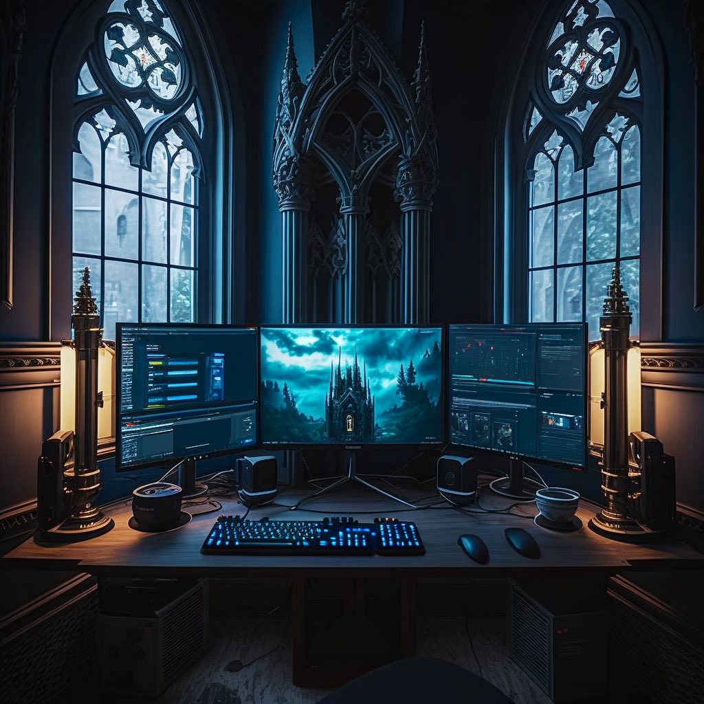 DreamVaultAI's tweet image. Gothic Desk Setups

I’m choosing #2. 

#midjourney #gaming #pcsetups #GamingSetup