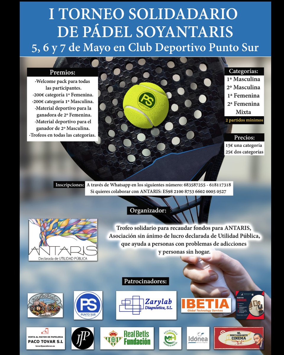 CentroAntaris's tweet photo. Ya está aquí el I Torneo de Pádel Solidario SOYANTARIS!! https://t.co/yUbMpZMlSi
