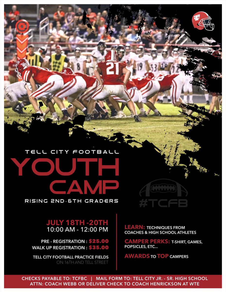 TellCityFB's tweet photo. GET READY MARKSMEN PEOPLE!
4th Annual Tell City Football Youth Camp.
🏈 2nd-6th Graders
🏟️ Varsity Practice Field
⏰July 18-20 10am-12pm!
Register now! Great way to learn techniques & drills from our players & staff!
#GoMarksmen https://t.co/ogrWiwZi72