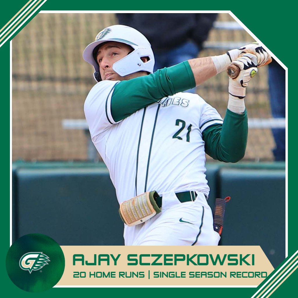 RECORD BREAKER! Ajay Sczepkowski connects on a three-run home run in the first inning at Talladega (Ala.) to break the single-season home run record. The junior outfielder has now hit 20 homers.

#GGCAthletics | #GrizGangGGC