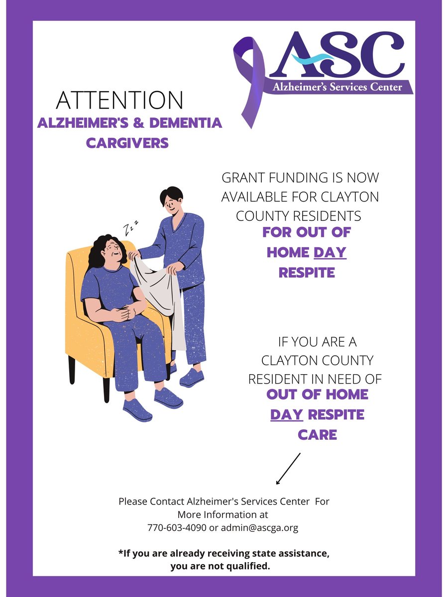 Senior Services (@claytonseniors) on Twitter photo The Alzheimer's Services Center has grant funds available for qualified Clayton County residents for out of home day respite. For more information, call 770-603-4090 or email admin@ascga.org. The Alzheimer's Services Center has grant funds available for qualified Clayton County residents for out of home day respite. For more information, call 770-603-4090 or email admin@ascga.org.