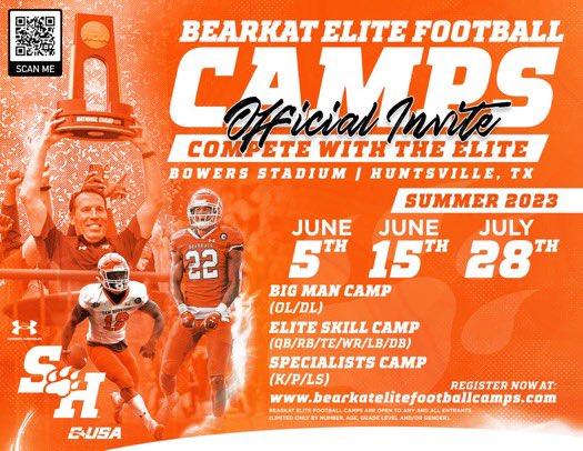 KhyreeCoston30's tweet photo. Beyond blessed to receive a official camp invitation from Sam Houston University.I will definitely be in attendance #gobearkats🤍🧡 https://t.co/Jbyjukk19e