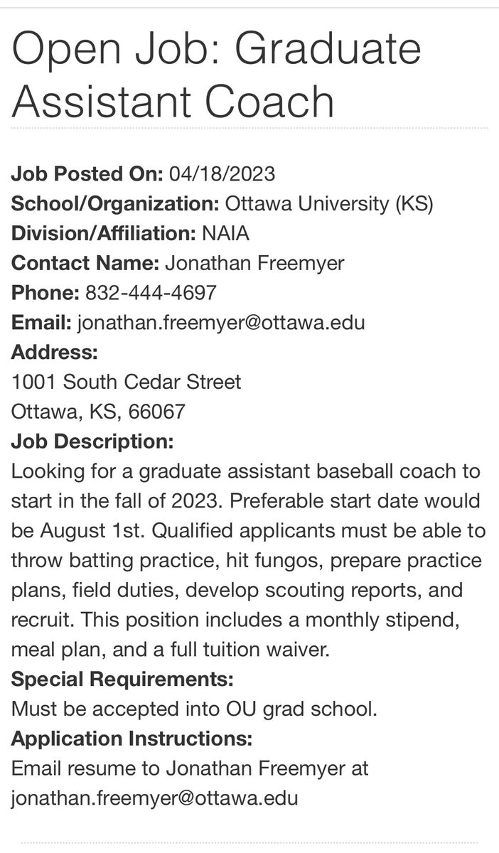 We are currently looking for a graduate assistant baseball coach to start in the Fall of 2023. Job description, special requirements, and application instructions are posted below. #GoBraves