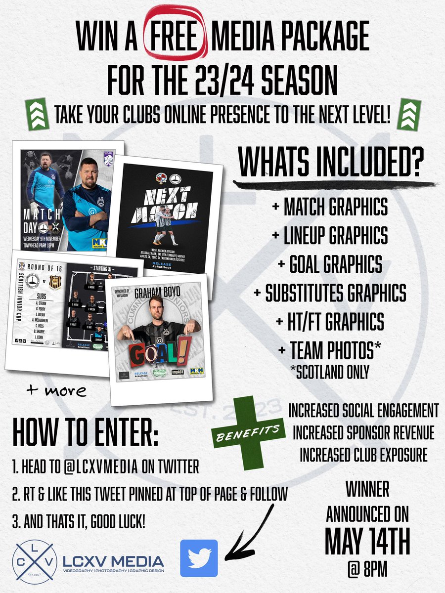 𝘾𝙊𝙈𝙋𝙀𝙏𝙄𝙏𝙄𝙊𝙉 𝙏𝙄𝙈𝙀 |🏆

Fancy winning a graphics package for your team for the 23/24 season?

Get ahead of the opposition and take your media game to the next level👆🏼

To enter:
1️⃣ Follow <a href="/lcxvmedia/">lcxvmedia</a> 
2️⃣ RT &amp; Like this post
3️⃣ Boom! You’re entered!🙌🏼

More details:👇🏼
