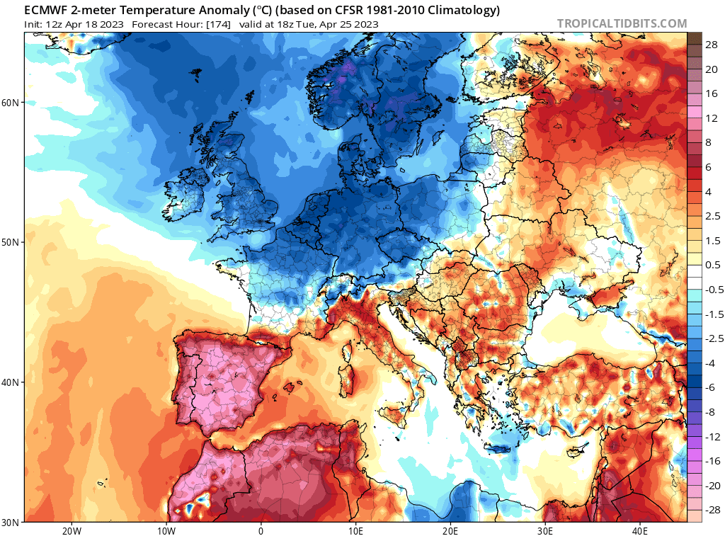 EnMet3's tweet photo. CALOR DE JULIO en abril. Eso comienza a verse para la próxima semana, y por ahora hay consenso.

Sigue habiendo dispersión, pero de cumplirse +30°C generales y +35°C en zonas favorables.

De ser así, decid adiós a casi toda la cosecha de aceituna. Se vienen curvas. https://t.co/p3Ci3PWclk