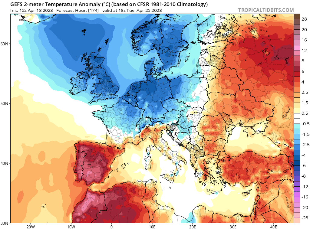 EnMet3's tweet photo. CALOR DE JULIO en abril. Eso comienza a verse para la próxima semana, y por ahora hay consenso.

Sigue habiendo dispersión, pero de cumplirse +30°C generales y +35°C en zonas favorables.

De ser así, decid adiós a casi toda la cosecha de aceituna. Se vienen curvas. https://t.co/p3Ci3PWclk