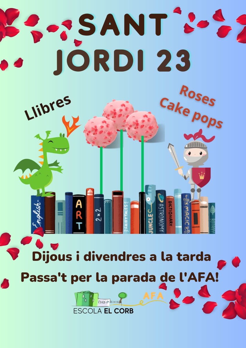 afaescolaelcorb's tweet photo. Atenció famílies📣📣📣, us esperem aquest dijous i divendres a les portes de l´escola per celebrar el dia de Sant Jordi 🌹.

Hi haurà llibres de segona mà i roses de cake pops.

Tots els diners aniran destinats a projectes de l'escola.

No hi falteu 😃

AFA ESCOLA EL CORB https://t.co/6doHfdQygh