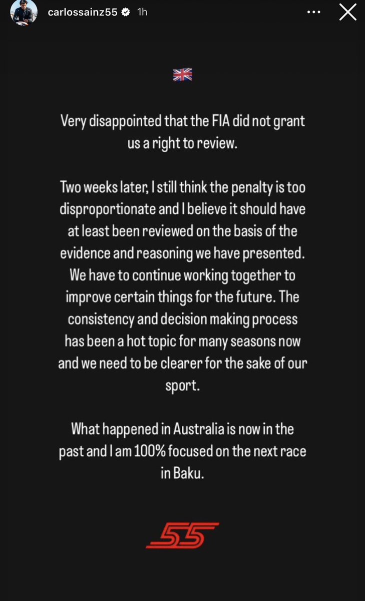 F1fAllOfficial's tweet photo. A response from Carlos Sainz after Ferrari's appeal was dismissed.
#f1 #f12023 #Ferrari https://t.co/j9t7WAAIde