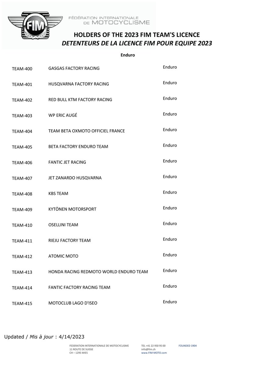 FIMDocs's tweet image. List of 2023 FIM Team Licence holders / Liste des détenteurs de la licence Equipe FIM 2023

Published at: 2023/04/14

fim-moto.com/fileadmin/user…

#FIM #FIMfamily #GrandPrix #MotoGP