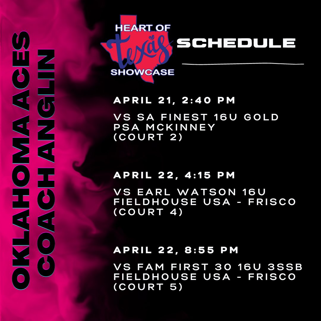 Here's our schedule for the weekend! Ready to go to work!
@OklahomaAces25 @OklahomaAcesGBB <a href="/PBRhoops/">Premier Basketball</a>