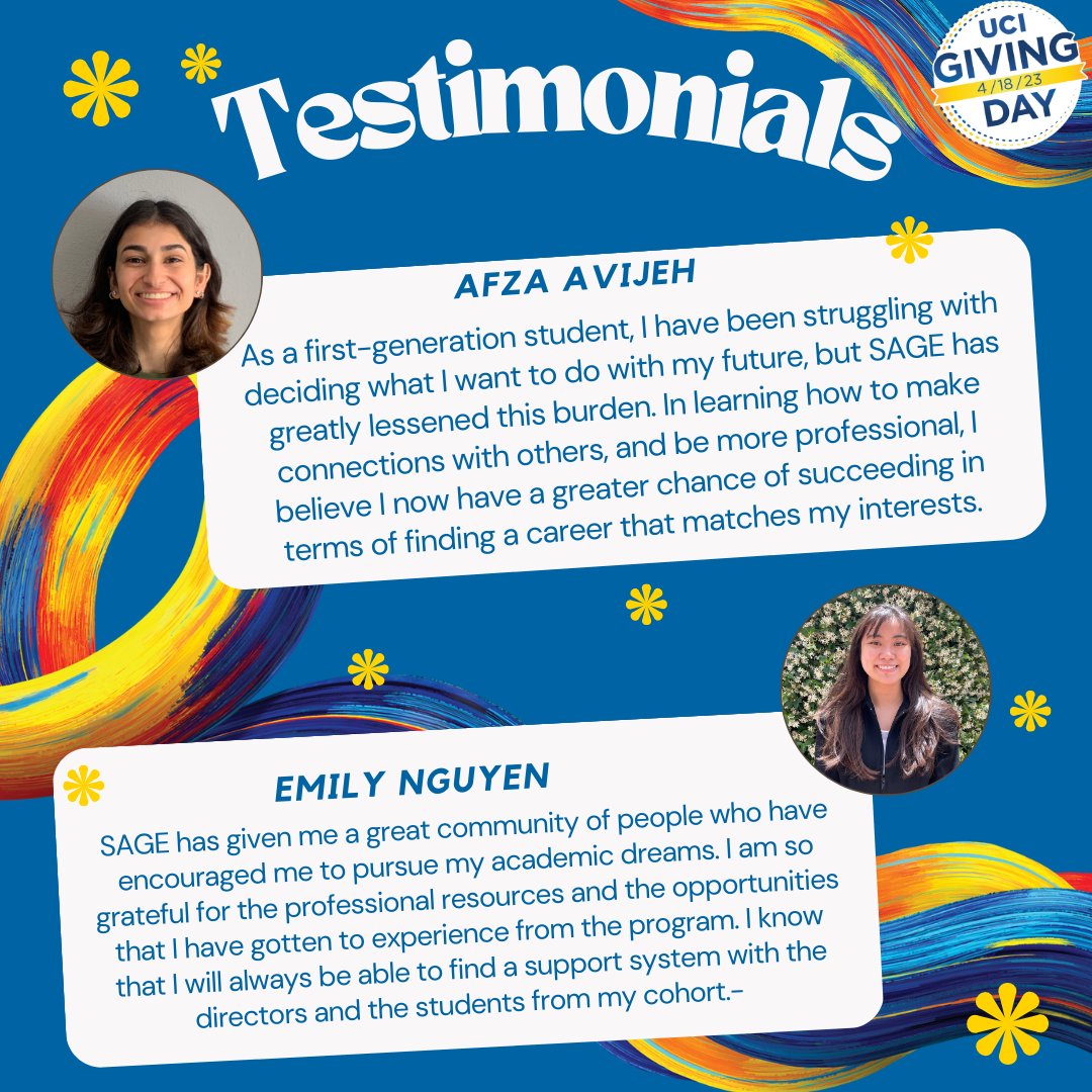 UCISage's tweet photo. The impact of #UCIGivingDay is as limitless as the generosity of our community. No matter the size of your gift, your participation to support the SAGE Scholars Program has a direct impact on our ability to provide increased support for our scholars! https://t.co/sZzelidtTn