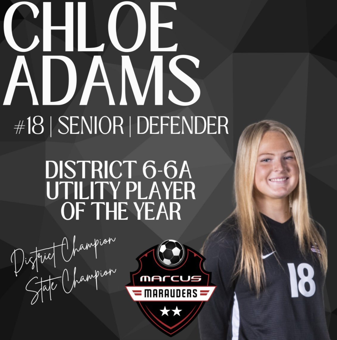 Marcus_MMFCG's tweet image. Congratulations, Chloe Adams! District 6-6A Utility Player of the Year and First Team All-District! We are so proud of you! ❤️