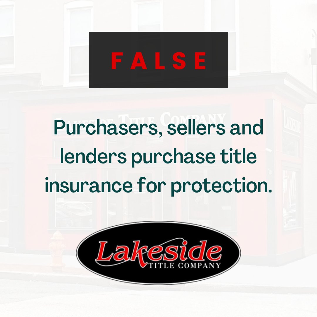 LakesideTitleCo's tweet photo. The answer is false. (Did you get it right?) 👍 Buyers and lenders need title insurance, and the buyer usually pays for both of those policies. 

Do you have a true or false question for us to post? Let us know in the comments. ⬇️ 

#trueorfalse #LakesideTitle https://t.co/eMPqAxC3Xw