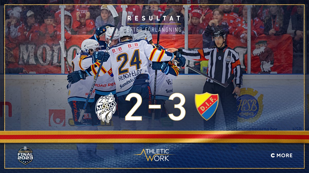 DIFHockeyse's tweet image. #MODODIF | Resultat

Åh en sådan härlig dag! Fem minuter in i förlängningen forcerar Daniel Brodin in avgörandet till 3-2. Lukas Vejdemo och Jonathan Lekkerimäki gör övriga mål och Djurgår’n har kvitterat finalserien, som fortsätter på Hovet.

💛❤️💙
#DIFHockey #AlltidOavsett