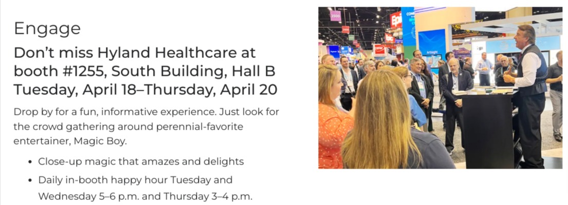 jamesvgingerich's tweet photo. At #HIMSS23? Don't miss @Hyland Healthcare #Booth1255, South Building Hall B. Daily in-booth happy hour Tuesday and Wednesday 5–6 p.m. and Thursday 3–4 p.m. https://t.co/RCWTAhBJZv https://t.co/qxWtIrnRXS