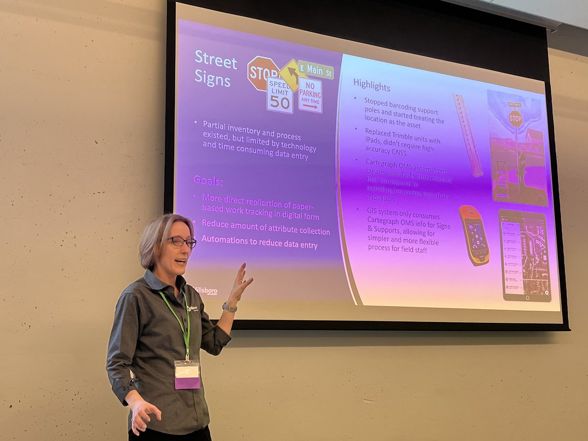 OregonUrisa's tweet photo. Into some hardcore asset management GIS now as we hear about how @CityofHillsboro built out its Municipal Transportation Infrastructure. I’ll bet you didn’t know what “linked assets” were.  🤯 #GISinAction2023 #GIS #Assetmanagement https://t.co/XzMECNiqFE