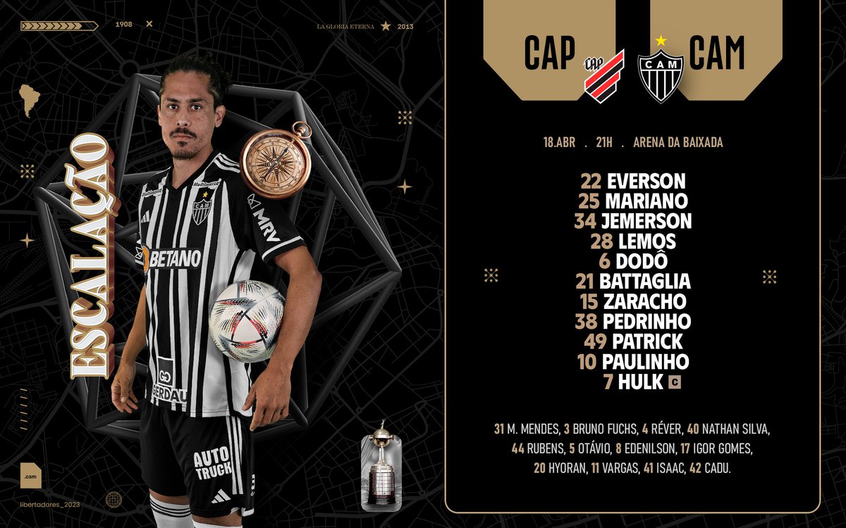 Atletico's tweet photo. 📋 GALO ESCALADO! Confira nossa escalação para enfrentar o Athletico-PR pela @LibertadoresBR.

#ContinenteAtleticano #VamoGalo #CAPxCAM 🏴🏳️ https://t.co/JcAD4q4WnQ