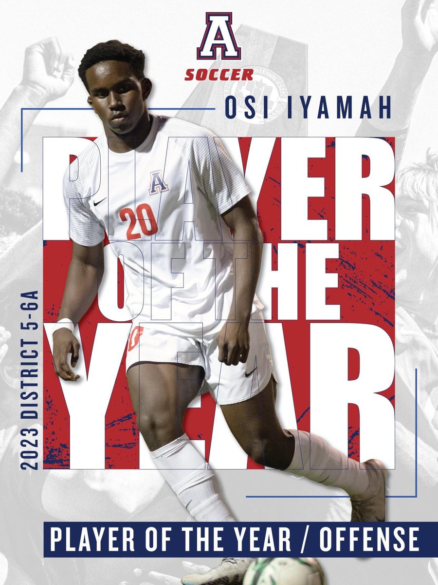 AHS_B_Soccer's tweet photo. CONGRATS TO ALLEN EAGLE JUNIOR OSI IYAMAH!!!!
2023 DISTRICT 5-6A PLAYER OF THE YEAR-OFFENSE!
#AUP https://t.co/tXOj0ZbPQq