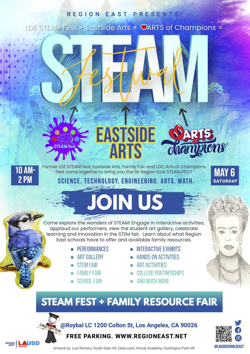 LASchoolsEast's tweet photo. Join our #RegionEastSTEAMFest on Saturday, May 6 from 10am-2pm at #RoybalLearningCenter.
✅Explore the joys & wonders of #STEAM.
✅Learn about the resources available to empower families & support student learning.
✅Watch our students perform & display their artistic talent. https://t.co/IYx6mxh7yY