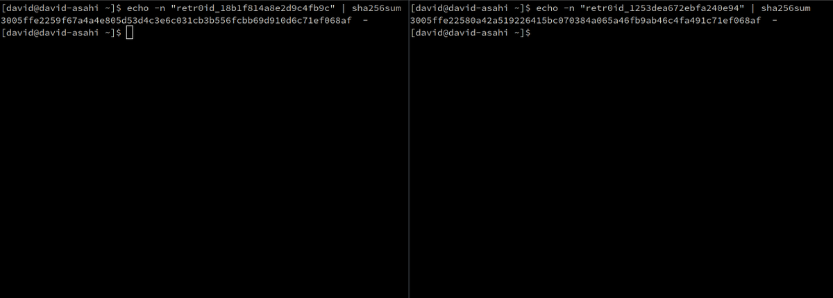 David3141593's tweet photo. When you visually compare two hashes, how many digits do you check?

The strings hashed below are "retr0id_18b1f814a8e2d9c4fb9c" and "retr0id_1253dea672ebfa240e94", if you want to check for yourself. https://t.co/dTOKWCjkdN