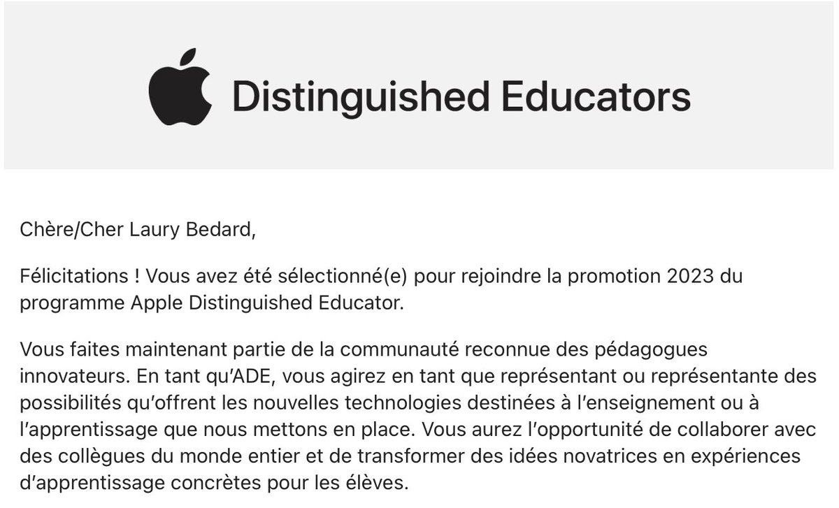 LauryBedard's tweet photo. Tellement contente d'avoir été sélectionnée pour la promotion 2023 des enseignant.e.s distingué.e.s Apple 🎉. #ADE2023 https://t.co/cbZJ4IVqLU