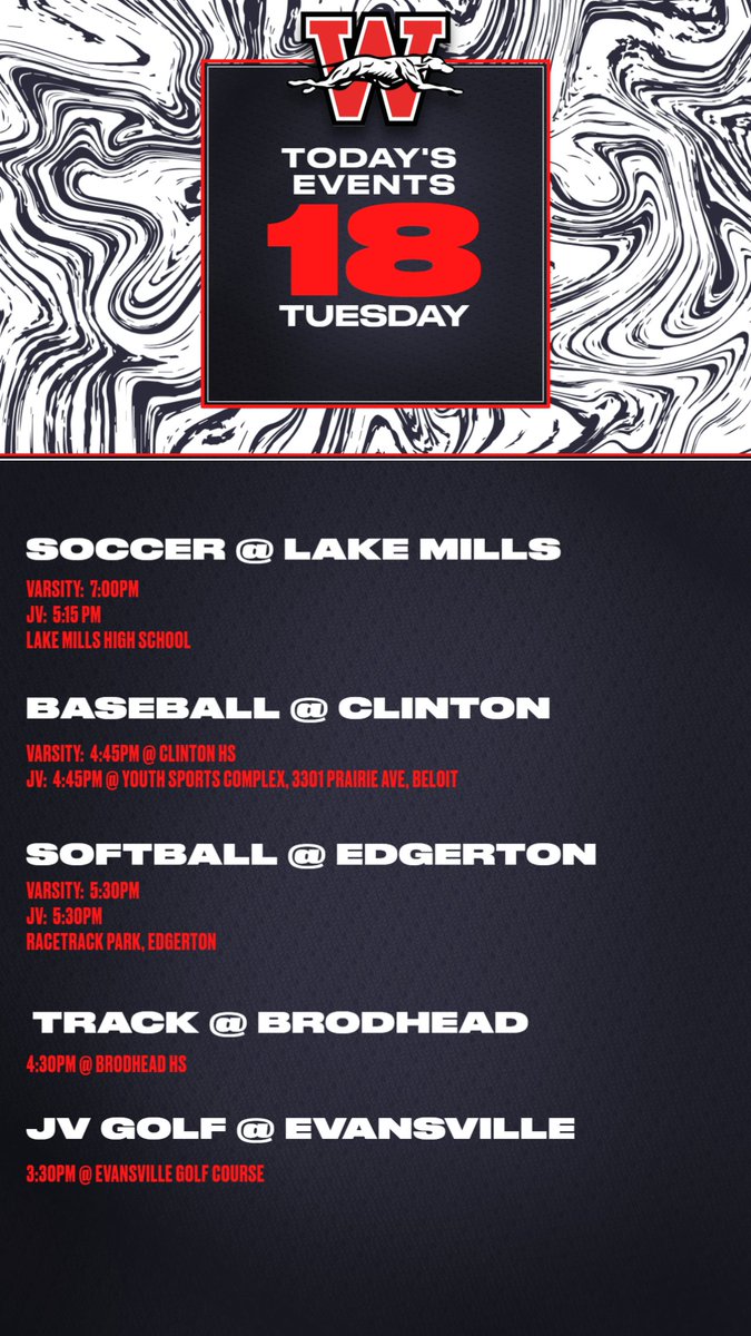 It's a busy day for the Whippets as 5 of our programs are in action.  Check out the locations as we were notified late today that JV baseball is playing in Beloit today.  Good luck to everyone in action today!! #1Family