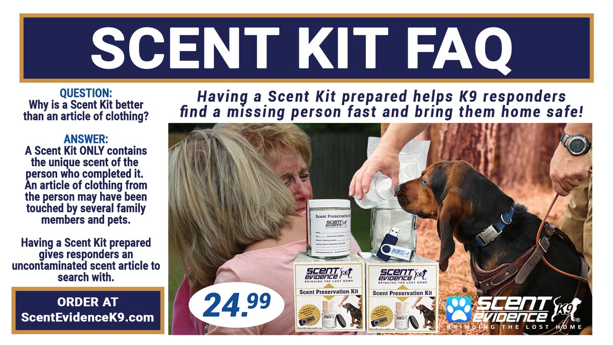 scentevidencek9's tweet photo. Why is a Scent Kit better than an article of clothing? Find out below! To learn how you can protect your family before they go missing visit https://t.co/uMGLjWzXDS #ScentKit https://t.co/G7ejo6JWiq