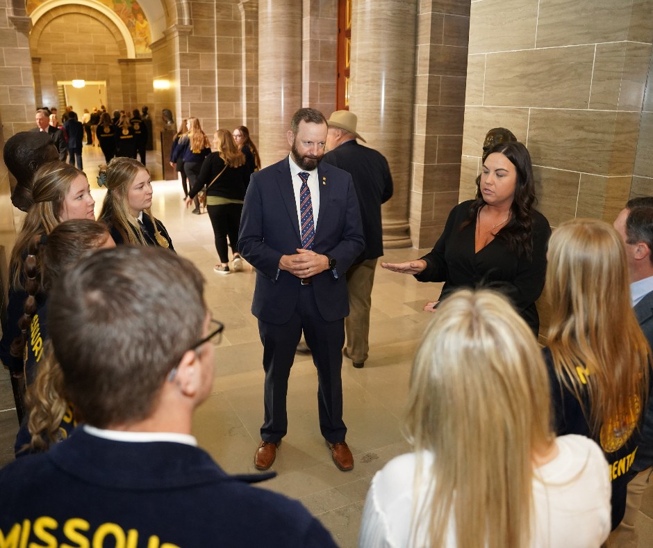 MOFarmBureau's tweet photo. More than 400 high school ag students visited Jefferson City today for MOFB's annual Youth Leadership Day! Students visited w/ their #MOleg representatives + senators before returning to MOFB HQ to hear from @MoAgriculture director Chris Chinn and other MOFB staff! https://t.co/DZ5Ku7kUxZ