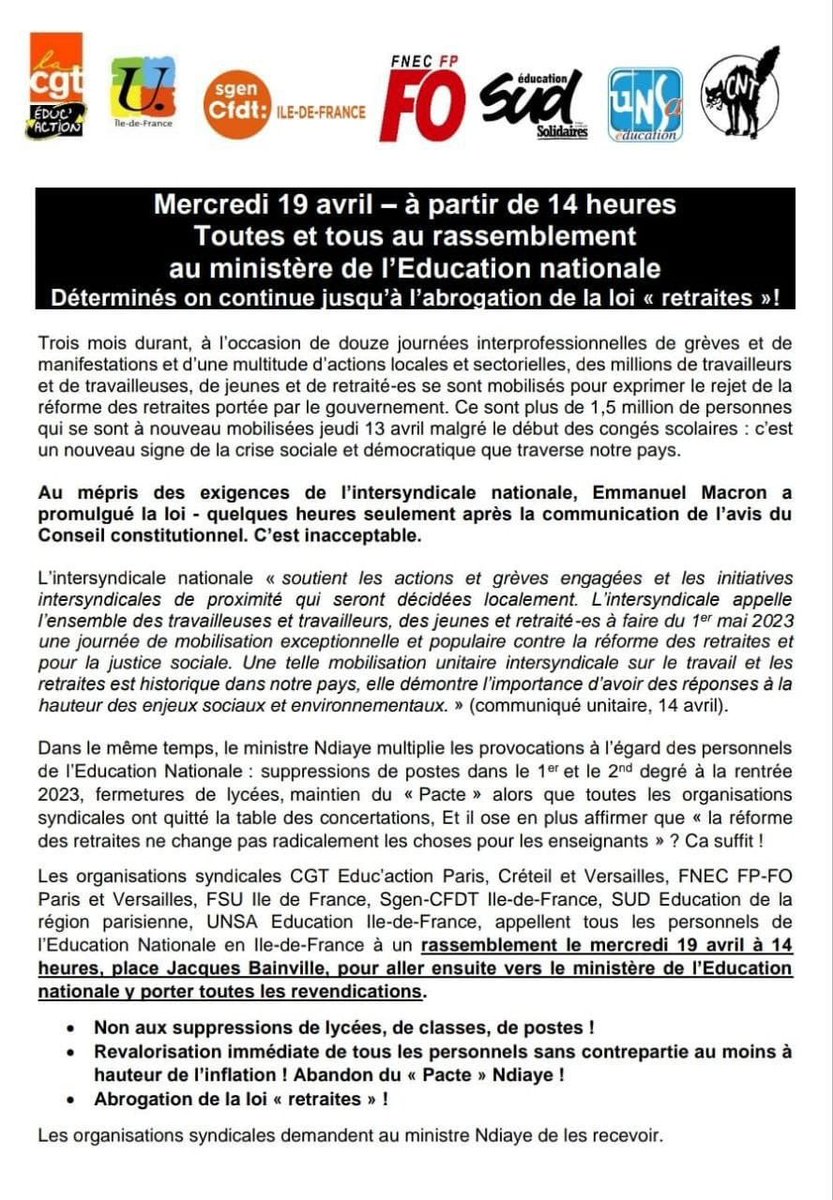 communiqué de l’intersyndicale Éducation