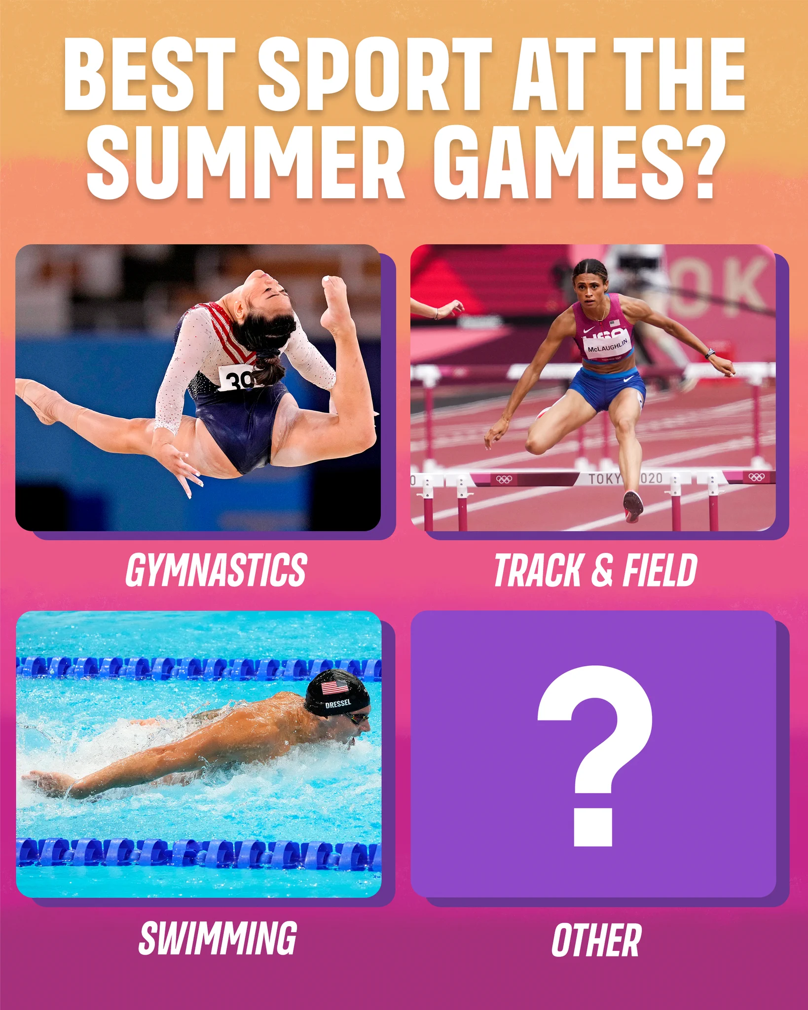 A graphic with the text "Best sport at the summer Games?" and then four boxes with the following options: The first box is "Gymnastics" with a photo of U.S. gymnast Sunisa Lee, the second box is "Track & field" with a photo of U.S. track athlete Sydney McLaughlin-Levrone, the third box is "Swimming" with a photo of U.S. swimmer Caeleb Dressel and the fourth box is "Other" with a giant question mark.