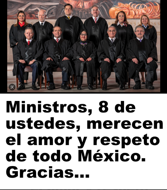 A favor del bien de México votaron:

Ricardo Ortiz Mena ✅
Juan Luis González Alcántara Carrancá ✅
Luis María Aguilar ✅
Jorge Mario Pardo Rebolledo ✅
Margarita Ríos Farjat ✅
Javier Laynez Potisek ✅
Alberto Pérez Dayán ✅
Norma Lucía Piña Hernández ✅

En contra votaron: