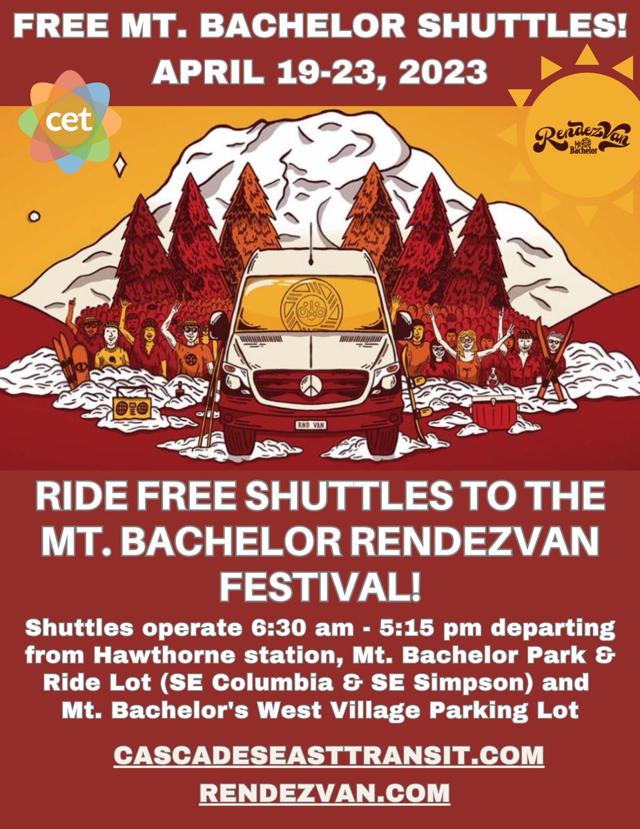 RideCET's tweet photo. Mt Bachelor shuttles are FREE April 19-23 for the RendeVan Festival! Parking will be limited, so hop on the free shuttle for your trip. Shuttle schedules can be accessed at https://t.co/LduiY9fzde https://t.co/JL10xGoYUA