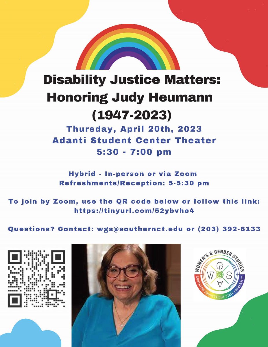 scsuwgs's tweet photo. Hi everyone, on Thursday April 20th, we will be hosting an event called Disability Justice Matters: Honoring Judy Heumann at the Adanti Student Center Theater at 5:30pm-7:00pm with refreshments from 5:00-5:30pm and it is also hybrid as well. https://t.co/YhrBpe0wDX