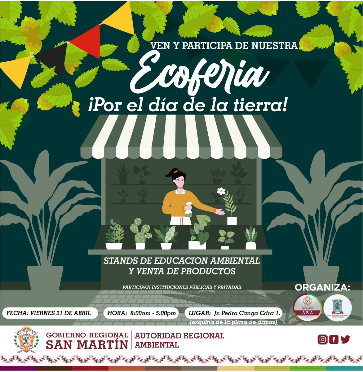 AraGoresam's tweet photo. 📌#DíaDeLaTierra | La Autoridad Regional Ambiental del Gobierno Regional San Martín, invita a participa de nuestra ECOFERIA por conmemorarse el Día de la Tierra, actividad que tiene propósito de sensibilizar a la población sobre el cuidado de nuestra madre la tierra.🌳#ARA #GRSM https://t.co/2nY23RRWrO