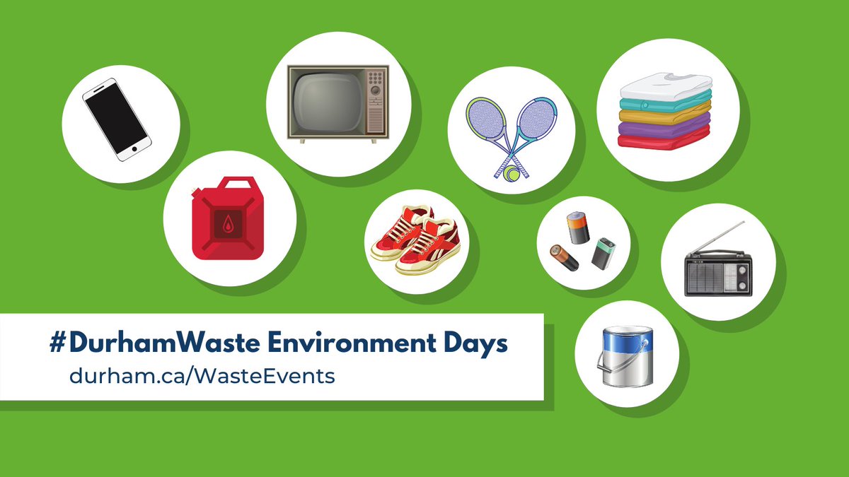 RegionofDurham's tweet photo. Spring cleaning? Drop off items for reuse, recycling, or safe disposal at the #DurhamWaste Environment Day on April 29 at the Ajax Operations Centre, 800 Salem Road North in @TownOfAjax. ♻️ Additional events will be held in the fall. Full details at https://t.co/ehXtwYArg4 https://t.co/G4yK9kFxcY
