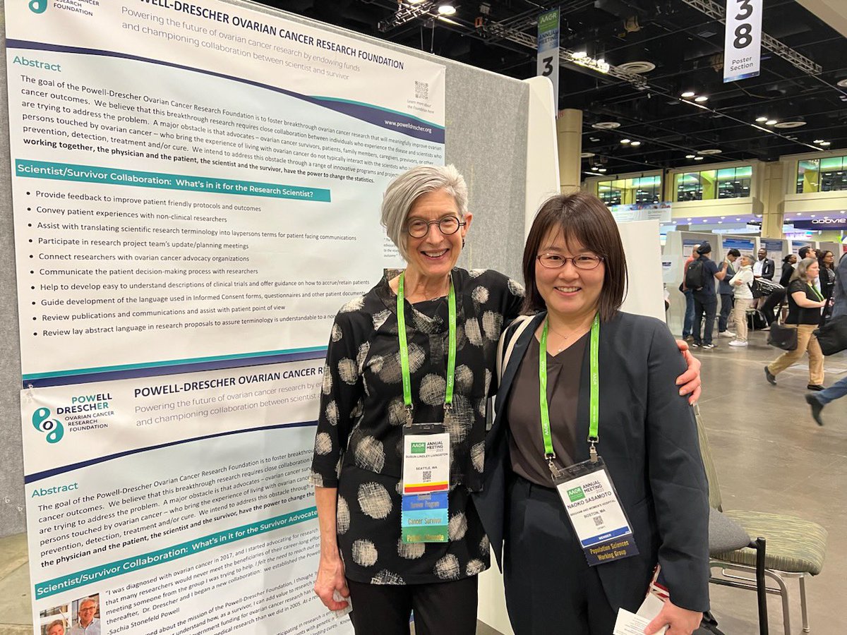#ovariancancer survivor advocate @Sunvivor with scientist @nsasamoto ➡️ the POWER of collaboration!  💥#gyncsm #aacr23 #aacrssp
