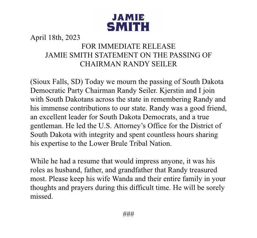 I am deeply saddened by the news of the passing of Randy Seiler. He was a dear friend whose profound impact on South Dakota cannot be understated. He will be sorely missed by all who knew and loved him.