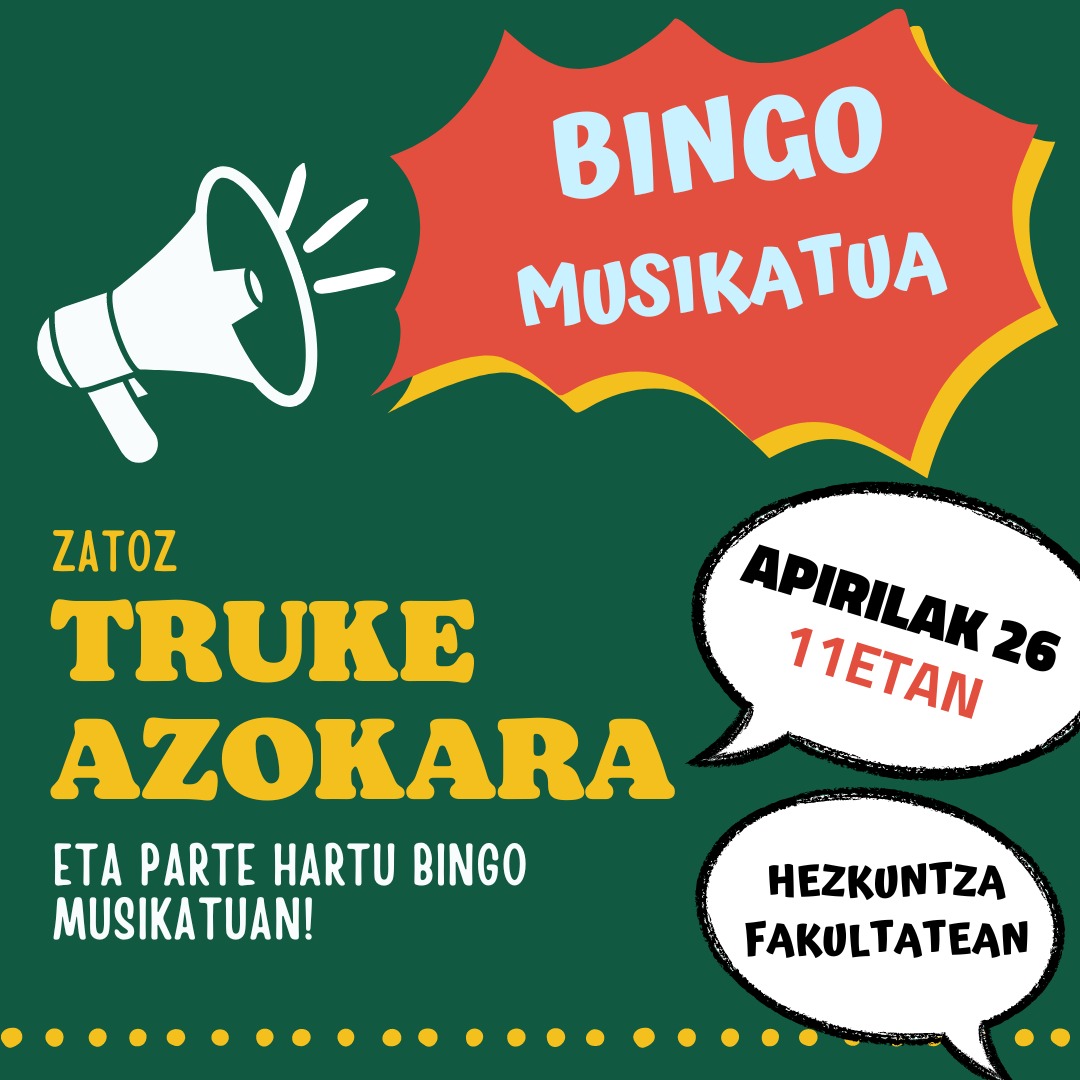 saretzengh's tweet photo. 💥Dakizunez apirilaren 26an azoka trukea egongo da fakultatean. Lagunduko diguzu musika aukeratzen!? MILESKEEEER🎤🪘🪇🪗

https://t.co/18ZWGf4Mh1

🎉GOGORATU BINGO MUSIKATUAN PARTE-HARTZEKO AUKERA DAGOELA 🎉 https://t.co/IwvRM0FyAM