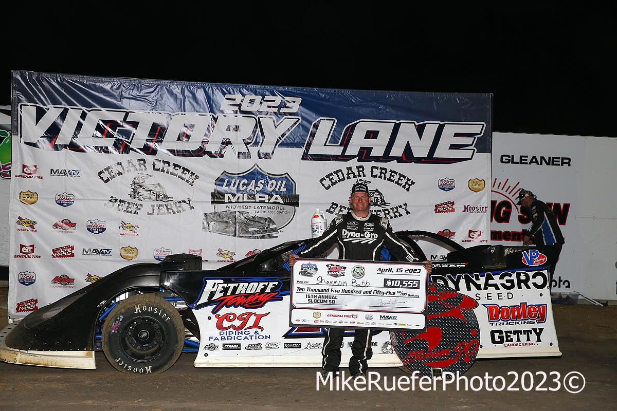 Congrats to @ShannonBabb18 on claiming his first win of the young 2023 campaign on Friday in the Slocum 50 at @34Raceway! Shannon Babb led all fifty circuits in the Lucas Oil @MLRA headliner to bag the $10,555 top prize! Read more at ShannonBabb.net. 🏆 #teamdelph 🏁