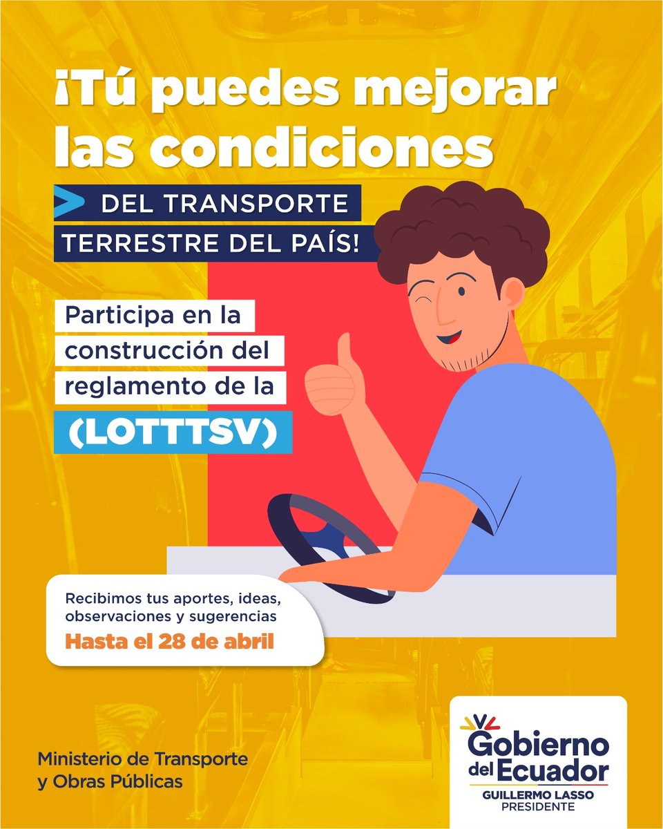 MIT_Ecuador's tweet photo. 📌 Participa en la construcción del reglamento a la Ley Orgánica de Transporte Terrestre, Tránsito y Seguridad Vial. 🚙 🚕

Tus aportes serán sistematizados por nuestro equipo de @ObrasPublicasEc, @ANT_ECUADOR con el apoyo del @BancoMundial.

Aporta aquí➡️https://t.co/jfo7qCPOW7 https://t.co/RDZLcsjLeL