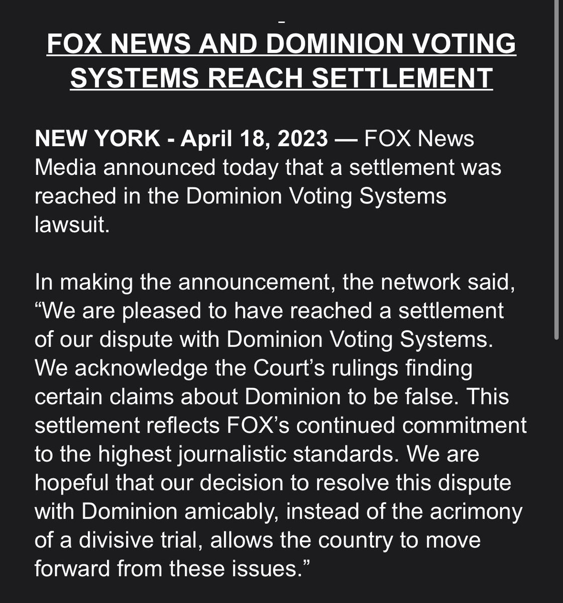oliverdarcy's tweet image. Fox statement: “We acknowledge the Court’s rulings finding certain claims about Dominion to be false.”