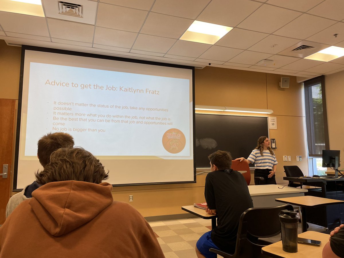 umdwbb_managers's tweet photo. Hittin the trifecta of UMD WBB x UMD WBB x UMD WBB: Our head manager @rjaclin11 gave a presentation in her Sports Media class today (taught by our very own @dipaularose ) on our assistant coach @KaitlynnFratz and our former scout player Quincy Cunningham! Whatta Terp fam moment😍 https://t.co/5yMueqJcMv