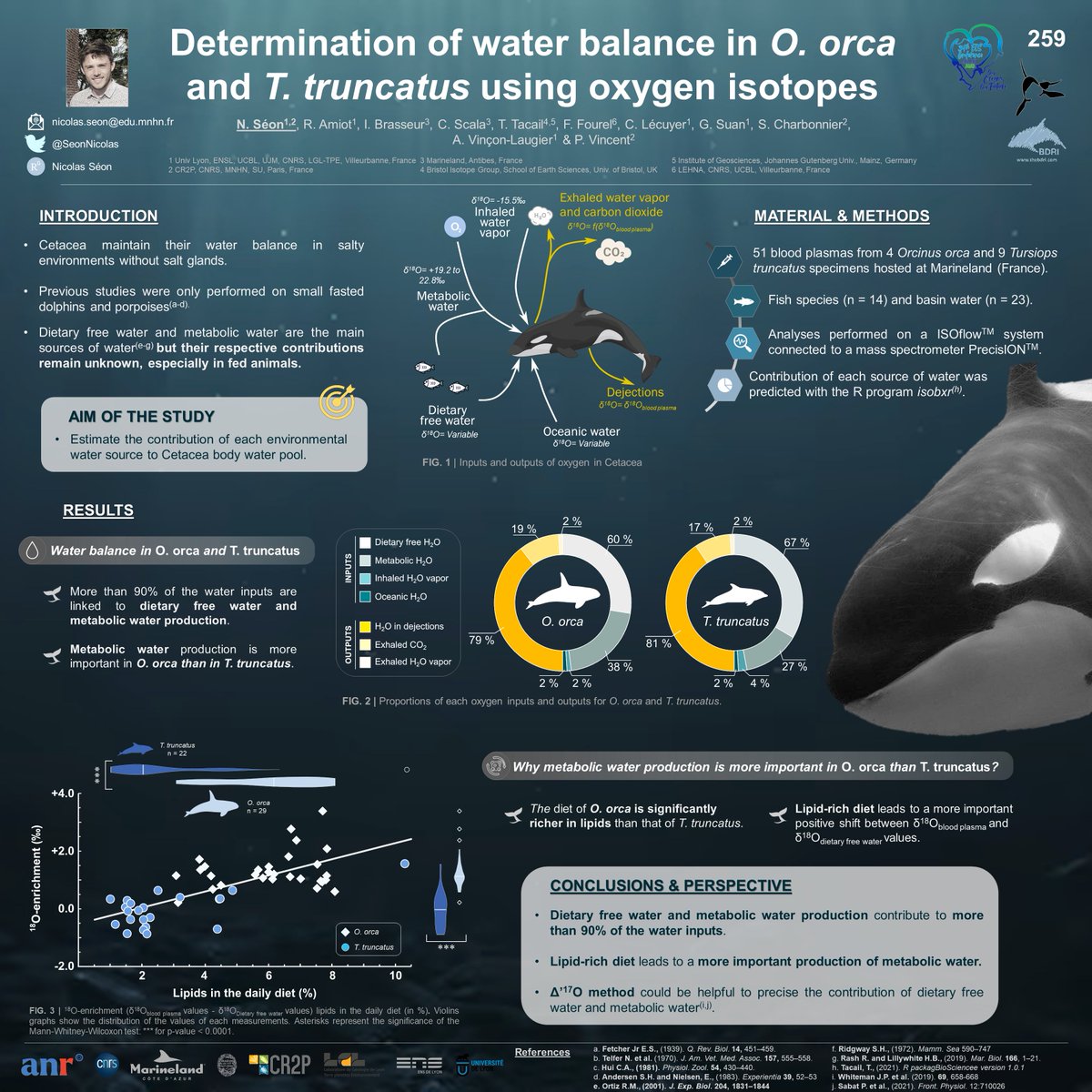 SeonNicolas's tweet image. Tomorrow during the 2nd poster session of the #ECSconference2023, I will talk about hydration in killer whales and common bottlenose dolphins!🥤🐬
Come and discover how this can help us refine our knowledge about ocean warming and cetacean diversity! 📈🌡️
#ECS2023