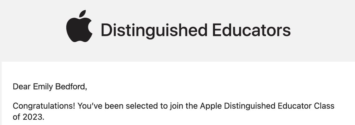 This is one of the best emails I have ever received. I am overjoyed and SO STINKING EXCITED!!! 

Emily Bedford, Apple Distinguished Educator 

#ADE2023 #AppleEdu