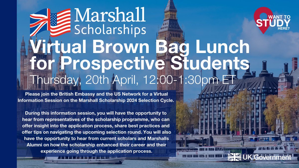Interested in learning about the Marshall Scholars program and what it's like to pursue postgraduate study in the UK? Register for this Prospective Student Virtual Brown Bag Lunch event. It's happening Thursday at noon! docs.google.com/forms/d/e/1FAI…