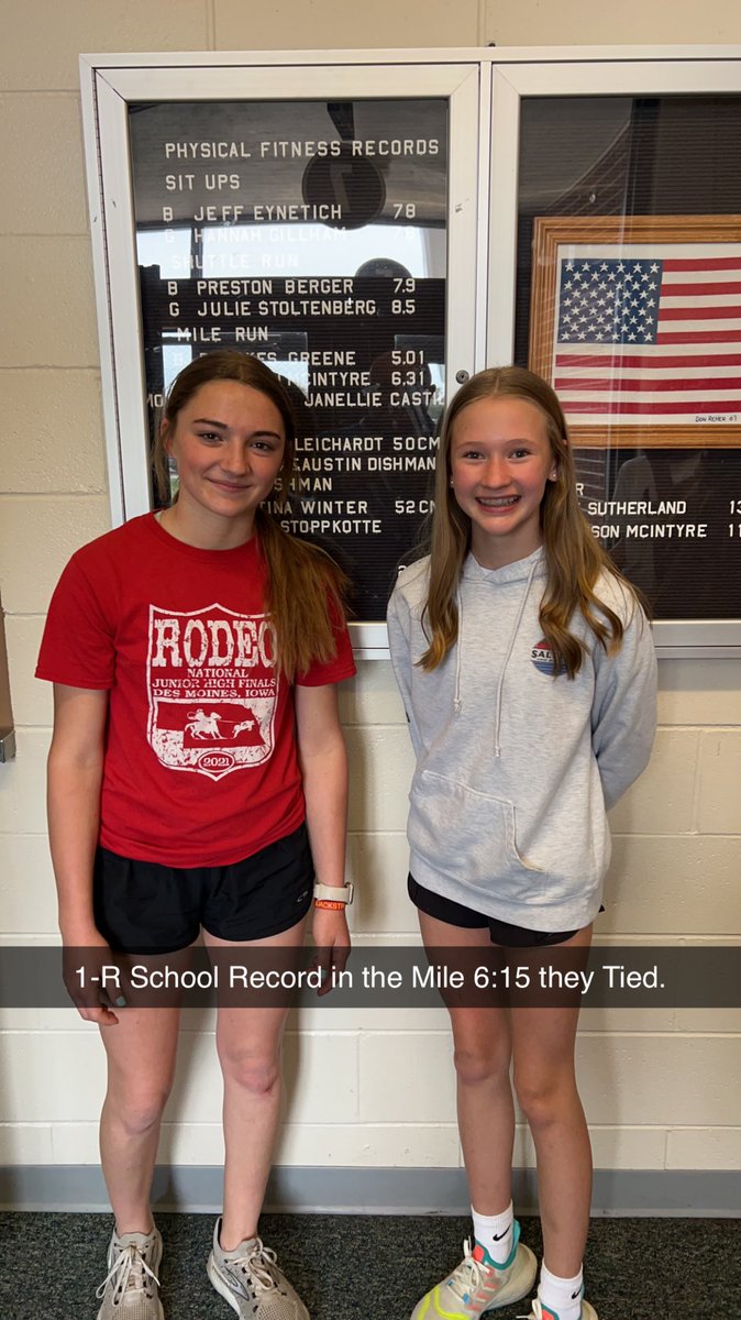 Congrats to Mallory Mader and Emerson  McIntyre both set the school record in the Mile today at 6:15. Congrats proud of both of you!!
