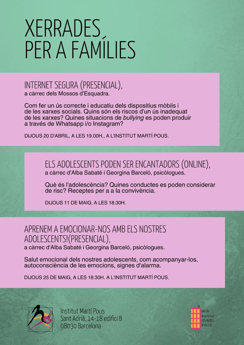 Ep! Encara us podeu apuntar a les xerrades que hem preparat des de l'Afa del Martí Pous. 
"Internet segura"
Dijous 20/04, 19h a l'institut Martí Pous.
Inscripcions al fil ⬇️