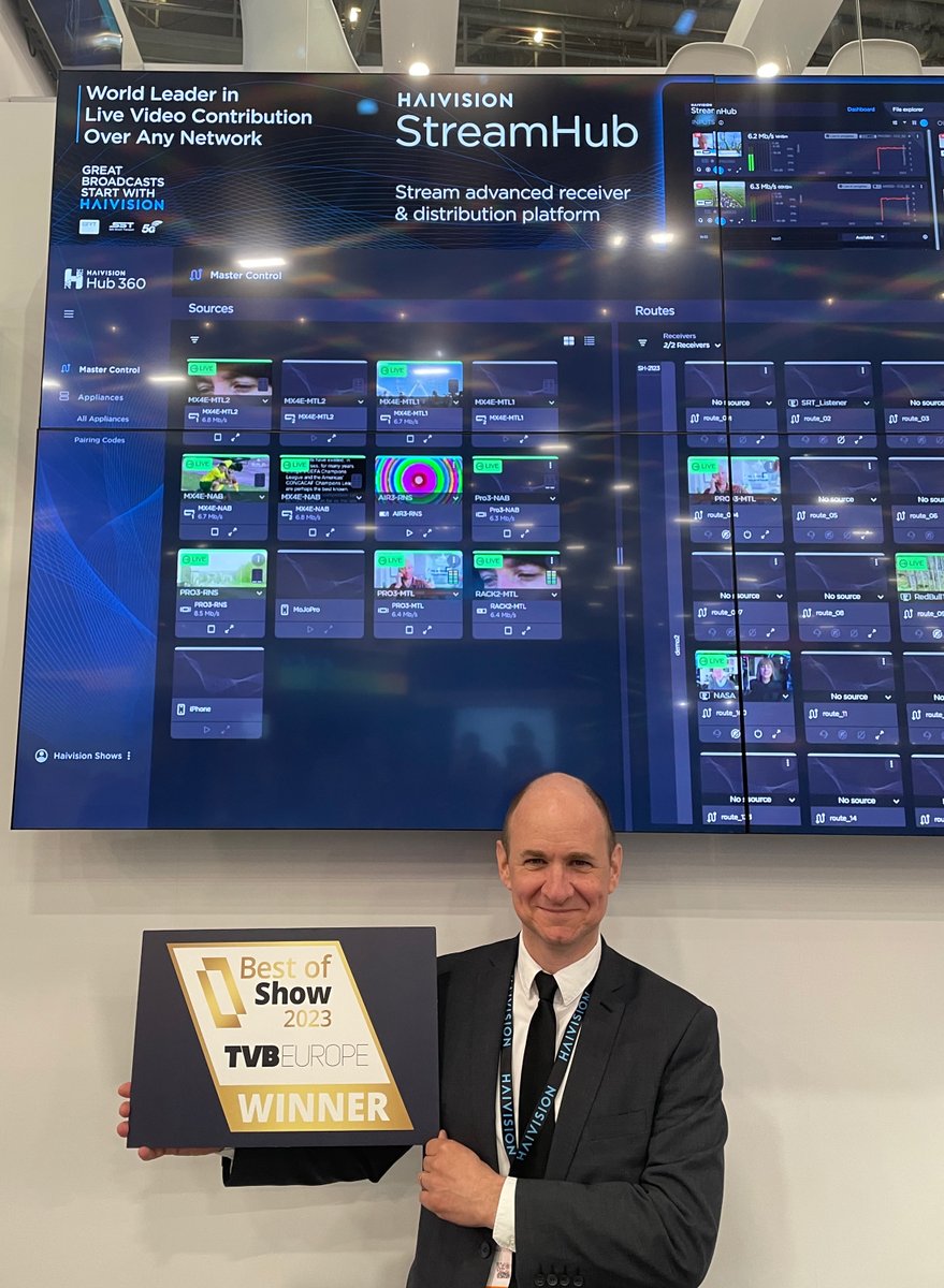 Haivision's tweet photo. We're very proud to announce that Haivision #StreamHub has won a TVBEurope Best of Show 2023 Award at the @NABShow! To learn more, come by booth W3020 or visit https://t.co/U0wDFsJyhx https://t.co/9cyrCi5xXp